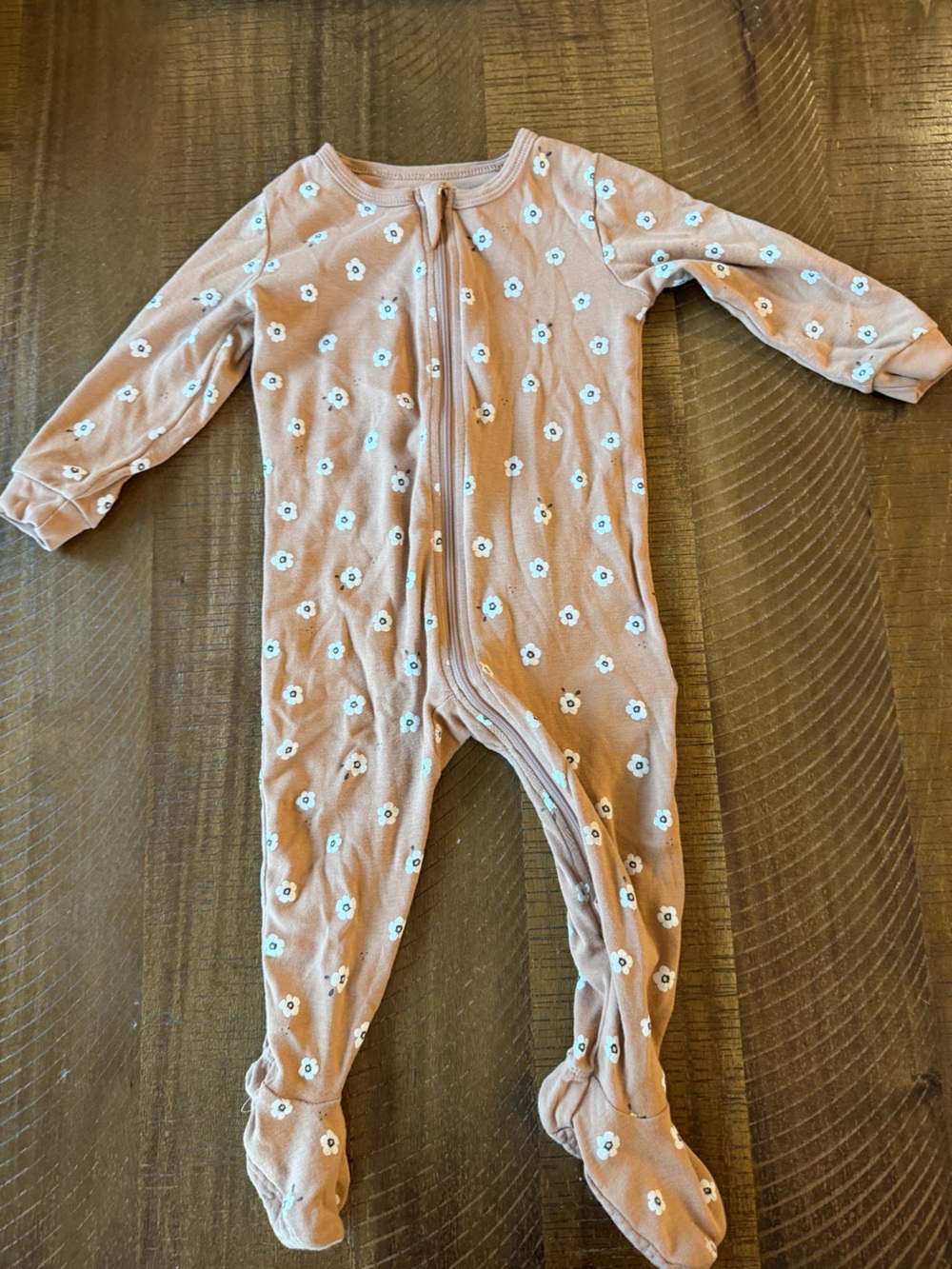 Petit Lem Brown with White Flower Footie Size 12M 2-way Zip